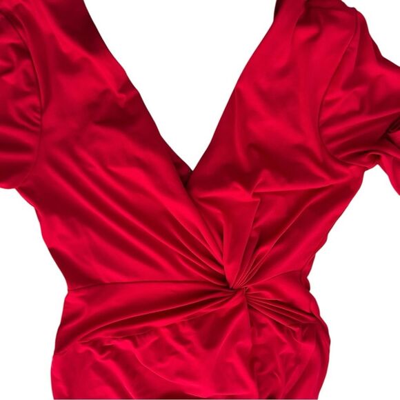 Red Bodycon Party Dress Sz 8 Long Sleeve V-Neck Fitted Twist Knot Waist Holiday - Picture 7 of 15